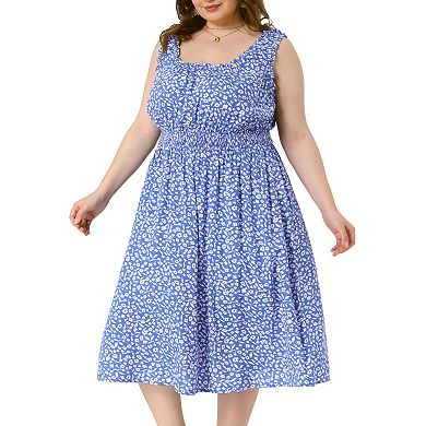 Women's Plus Size Square Neck Sleeveless Floral Flowy Stretchy Waist Midi Dresses