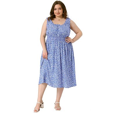 Women's Plus Size Square Neck Sleeveless Floral Flowy Stretchy Waist Midi Dresses