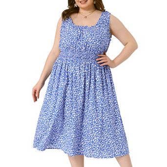 Women's Plus Size Square Neck Sleeveless Floral Flowy Stretchy Waist Midi Dresses