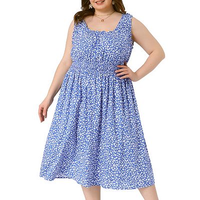 Women's Plus Size Square Neck Sleeveless Floral Flowy Stretchy Waist Midi  Dresses