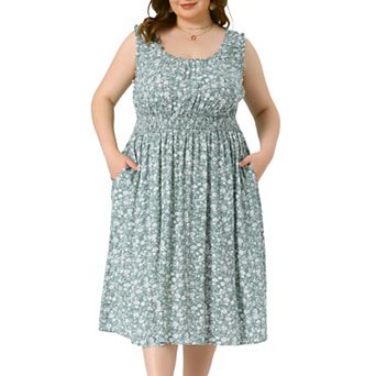 Women's Plus Size Square Neck Sleeveless Floral Flowy Stretchy Waist Midi Dresses