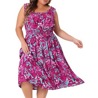 Women's Plus Size Square Neck Sleeveless Floral Flowy Stretchy Waist Midi Dresses