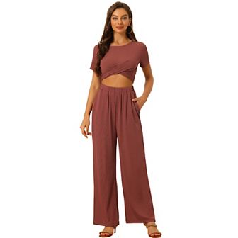 2 pc Outfits For Women's Short Sleeve Front Twist Top Wide Leg Pants Lounge Sets Tracksuits