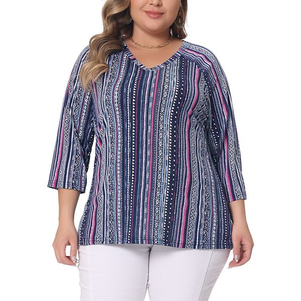 Plus Size Tops For Women V Neck 3/4 Sleeve Knit Blouse Tee Shirt Stripe