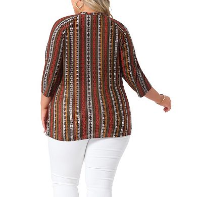 Plus Size Tops for Women V Neck 3/4 Sleeve Knit Blouse Tee Shirt Stripe Boho Tops