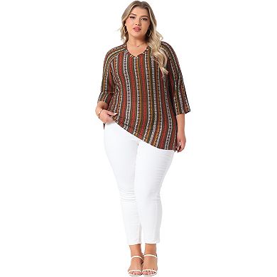 Plus Size Tops for Women V Neck 3/4 Sleeve Knit Blouse Tee Shirt Stripe Boho Tops