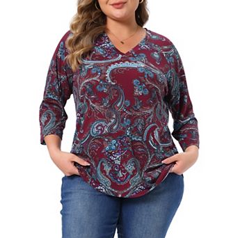 Plus Size Tops for Women V Neck 3/4 Sleeve Knit Blouse Tee Shirt Stripe Boho Tops