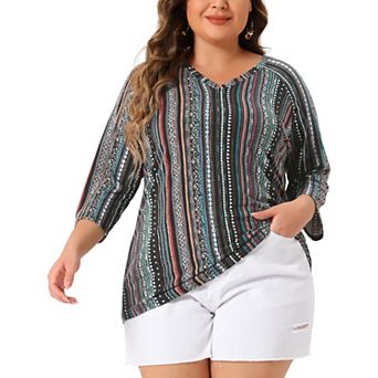 Plus Size Tops For Women V Neck 3/4 Sleeve Knit Blouse Tee Shirt Stripe Boho Tops