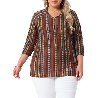 Plus Size Tops for Women V Neck 3/4 Sleeve Knit Blouse Tee Shirt Stripe Boho Tops