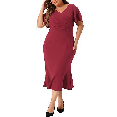 Women's Plus Size Wrap V Neck Ruffled Short Sleeve Cocktail Dresses Party Wrap Dress