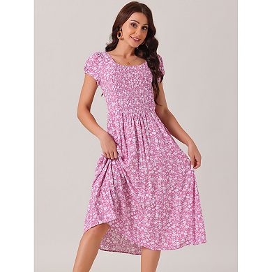 Women's Casual Floral Dress With Pockets Crewneck Cap Sleeve Boho Flowy Midi Sun Dresses