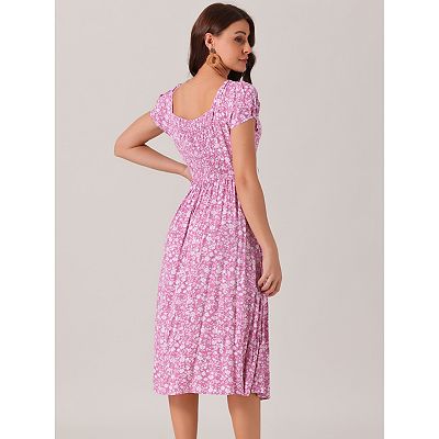Women's Casual Floral Dress With Pockets Crewneck Cap Sleeve Boho Flowy Midi  Sun Dresses