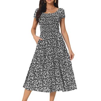 Women's Casual Floral Dress With Pockets Crewneck Cap Sleeve Boho Flowy Midi Sun Dresses