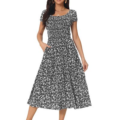 Women s Casual Floral Dress With Pockets Crewneck Cap Sleeve Boho Flowy Midi Sun Dresses