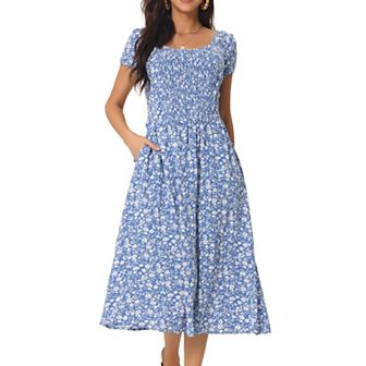 Women's Casual Floral Dress With Pockets Crewneck Cap Sleeve Boho Flowy Midi Sun Dresses