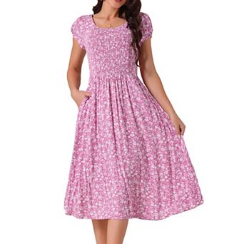 Women's Casual Floral Dress With Pockets Crewneck Cap Sleeve Boho Flowy Midi Sun Dresses