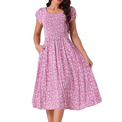 Women's Casual Floral Dress With Pockets Crewneck Cap Sleeve