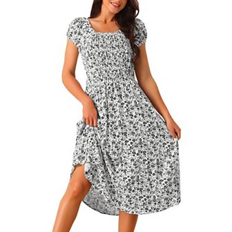 Women's Casual Floral Dress With Pockets Crewneck Cap Sleeve Boho Flowy Midi Sun Dresses
