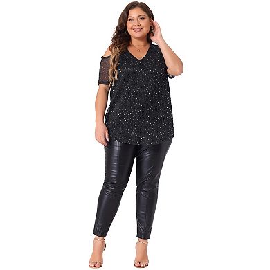 Plus Size Tops for Women Glitter Sequin Cold Shoulder Short Sleeve Party Basic Blouses Tee Tops