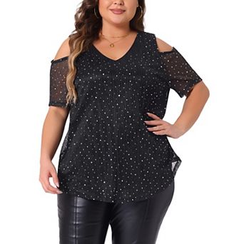 Plus Size Tops for Women Glitter Sequin Cold Shoulder Short Sleeve Party Basic Blouses Tee Tops