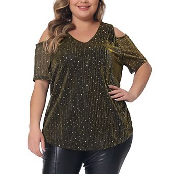 Plus Size Tops for Women Glitter Sequin Cold Shoulder Short Sleeve Party Basic Blouses Tee Tops