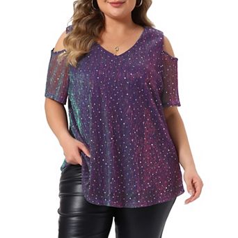 Plus Size Tops for Women Glitter Sequin Cold Shoulder Short Sleeve Party Basic Blouses Tee Tops