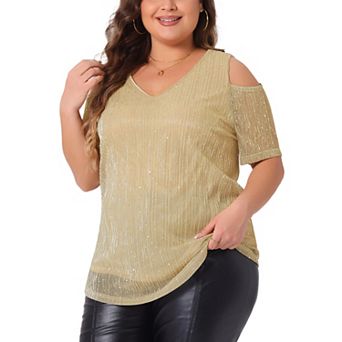 Plus Size Tops for Women Glitter Sequin Cold Shoulder Short Sleeve Party Basic Blouses Tee Tops