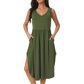 Women's Summer Sleeveless V Neck Dress Casual Midi Beach Dress With Pockets