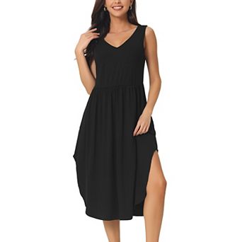 Women's Summer Sleeveless V Neck Dress Casual Midi Beach Dress With Pockets