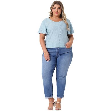 Women's Plus Size Round Neck Hollow Flare Short Sleeve T Shirts Casual Summer Top