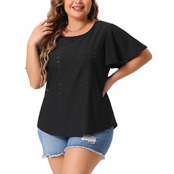 Women's Plus Size Round Neck Hollow Flare Short Sleeve T Shirts Casual Summer Top