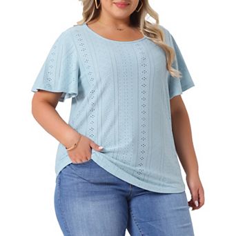 Women's Plus Size Round Neck Hollow Flare Short Sleeve T Shirts Casual Summer Top