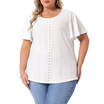 Women's Plus Size Round Neck Hollow Flare Short Sleeve T Shirts Casual Summer Top