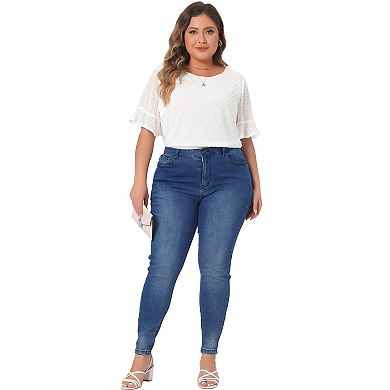 Women's Plus Size Round Neck Ruffle Sleeve Swiss Dots Blouse Tee Shirt Tops