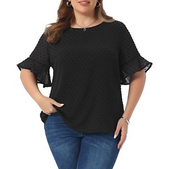Women's Plus Size Round Neck Ruffle Sleeve Swiss Dots Blouse Tee Shirt Tops