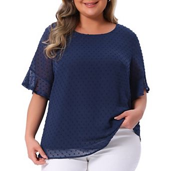 Women's Plus Size Round Neck Ruffle Sleeve Swiss Dots Blouse Tee Shirt Tops