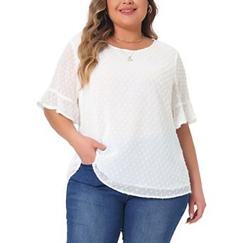Women's Plus Size Round Neck Ruffle Sleeve Swiss Dots Blouse Tee Shirt Tops