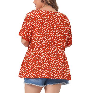Plus Size Top for Women Polka Dots Crew Neck Short Sleeve Peplum Tops Shirts