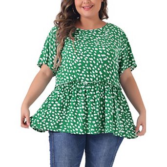 Plus Size Top for Women Polka Dots Crew Neck Short Sleeve Peplum Tops Shirts