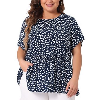 Plus Size Top for Women Polka Dots Crew Neck Short Sleeve Peplum Tops Shirts