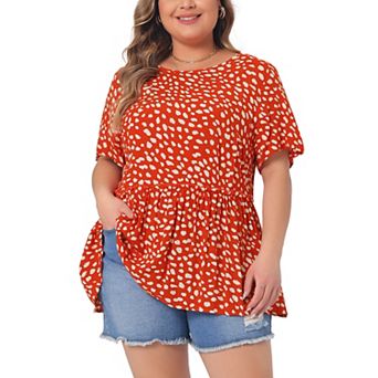 Plus Size Top for Women Polka Dots Crew Neck Short Sleeve Peplum Tops Shirts