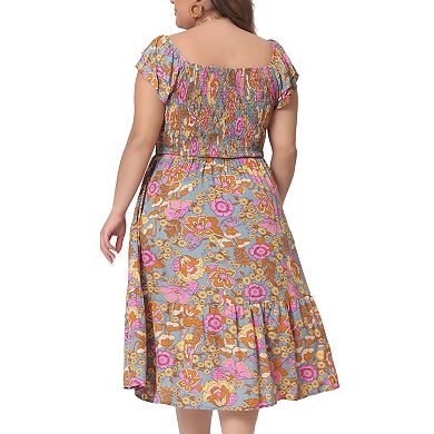 Women's Plus Size Midi Dress Square Neck Flutter Sleeve Smocked High Waist Summer