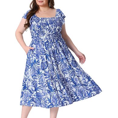 Women's Plus Size Midi Dress Square Neck Flutter Sleeve Smocked High Waist Summer