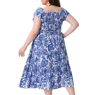 Women's Plus Size Midi Dress Square Neck Flutter Sleeve Smocked High Waist Summer