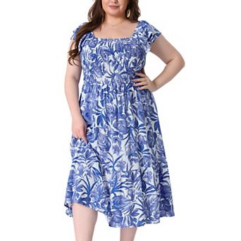 Women's Plus Size Midi Dress Square Neck Flutter Sleeve Smocked High Waist Summer