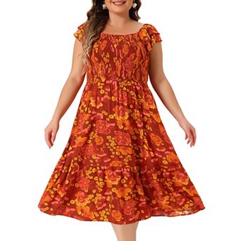 Women's Plus Size Midi Dress Square Neck Flutter Sleeve Smocked High Waist Summer