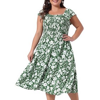 Women's Plus Size Midi Dress Square Neck Flutter Sleeve Smocked High Waist Summer