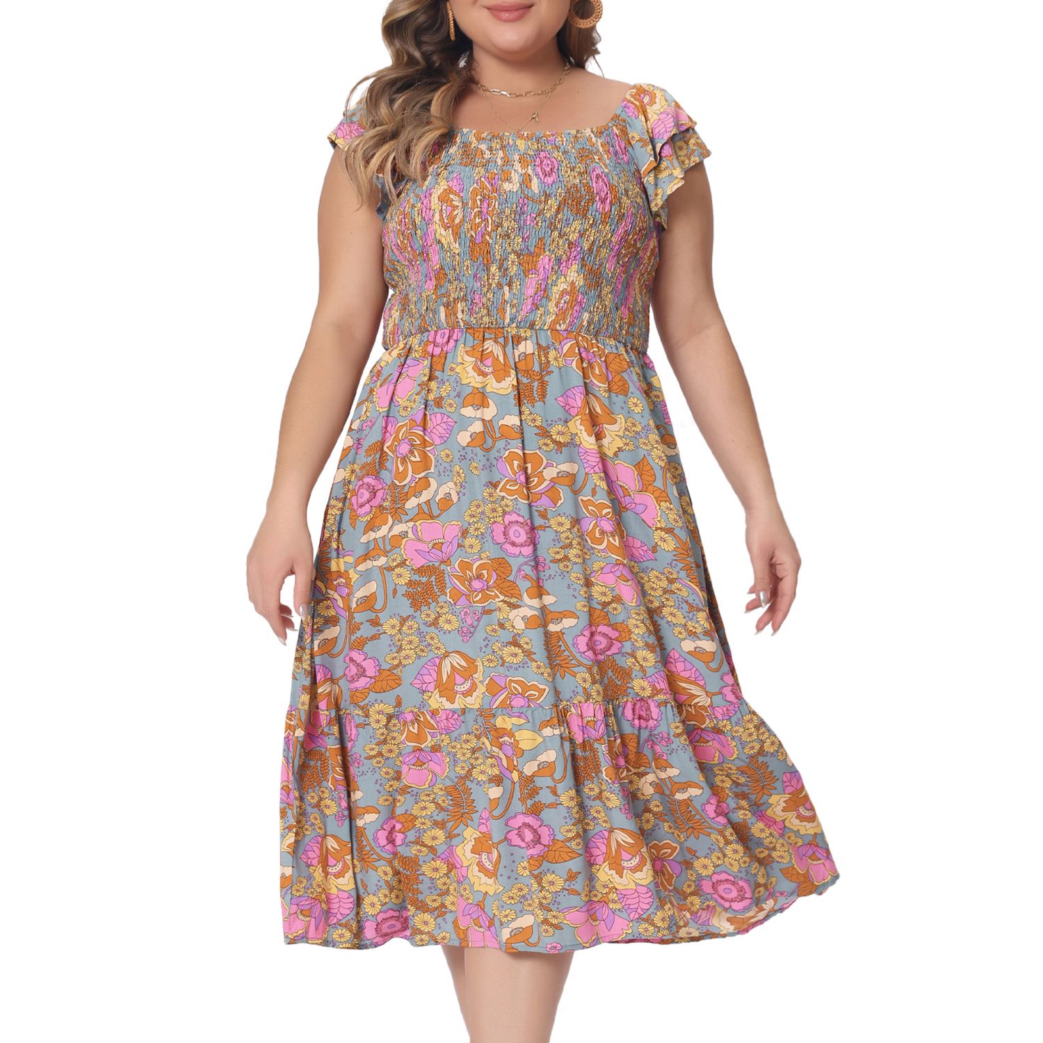 Women's Plus Size Square Neck Flutter Sleeve Smocked High Waist Floral Midi A Line Dresses - Agnes Orinda 4X Grey Green Women's Plus Size Midi Dress Square Neck Flutter Sleeve Smocked High Waist  Summer