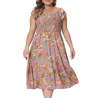 Women's Plus Size Midi Dress Square Neck Flutter Sleeve Smocked High Waist Summer