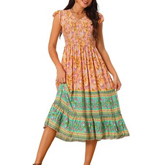 Women's Summer Casual Floral Flutter Sleeve V Neck Smocked High Waist Flowy Boho Dress